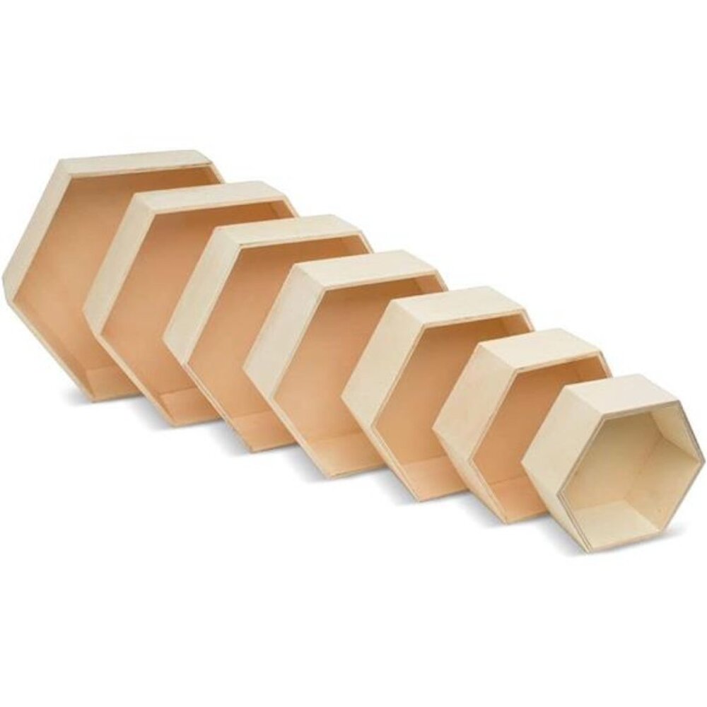 New Wooden Hexagon Floating Shelves with Backs, Set of 7, Unfinished